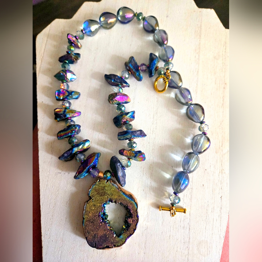 Titanium Rainbow quartz crystal agate necklace,glass beads, matching earrings